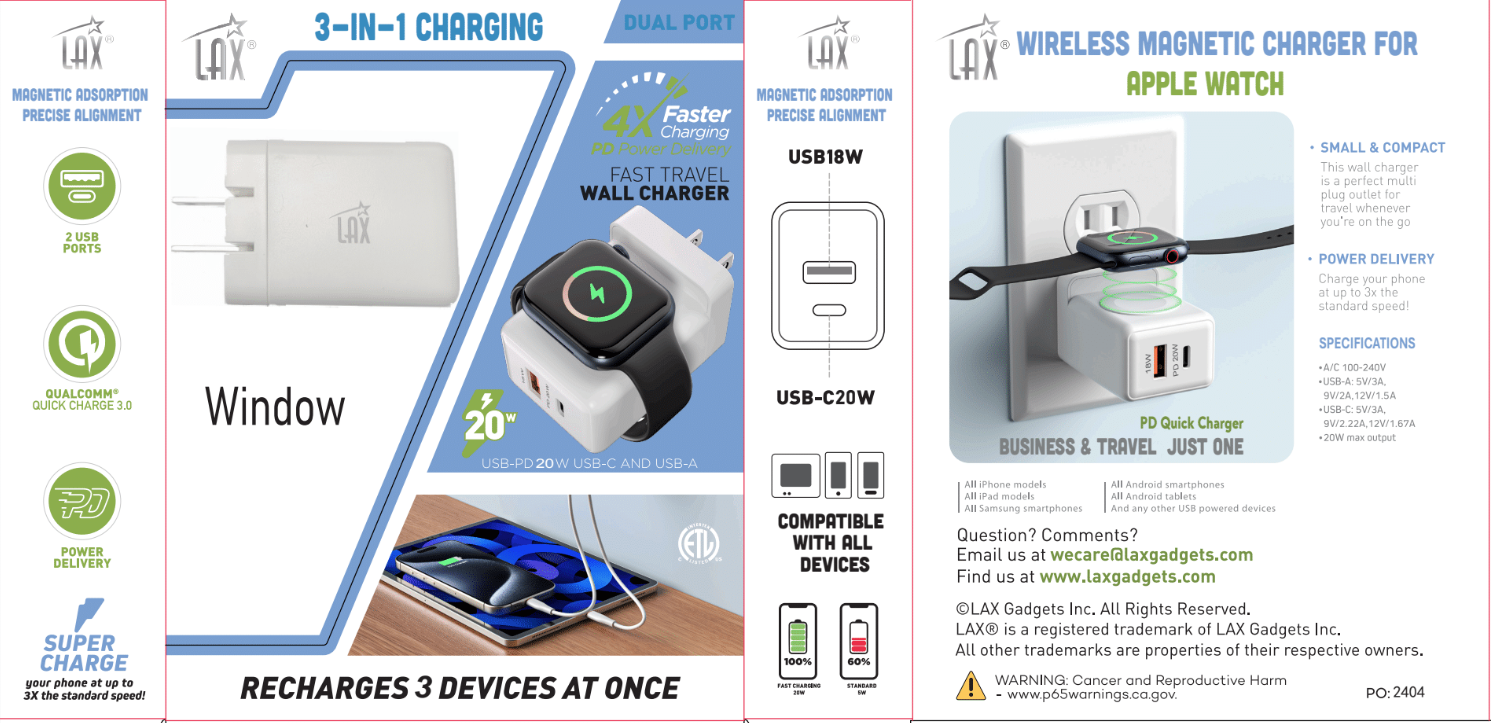 LAX Gadgets - Wholesale Portable Charger - Rapid Wall Charger with Apple Watch Charger Retail Pack3