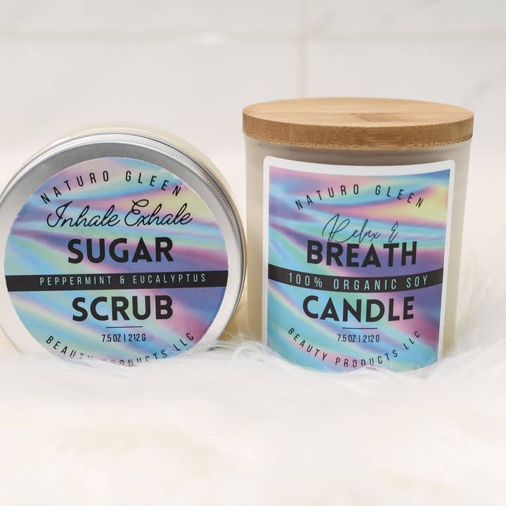 Gommage au sucre à la menthe poivrée et à l'eucalyptus et bougie Relax & Breath pour la vente par Naturo Gleen Beauty Products