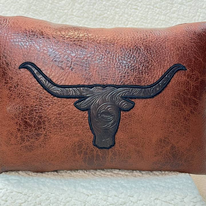 Texas Longhorn Vegan Leather Pillow – Western Ranch Decor for wholesale by The Home and Hearth Market