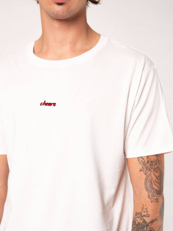 Cheers Collection | Embroidered organic cotton t-shirt for men for wholesale by Fashion Drinks