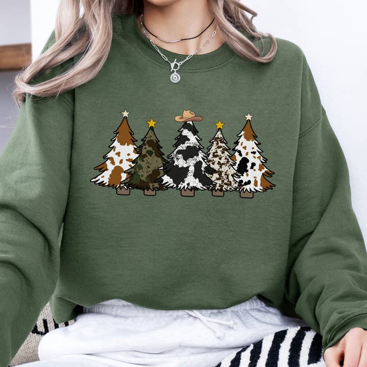 Cow print country western Christmas tree graphic sweatshirt for wholesale by ATTA TOOD LLC
