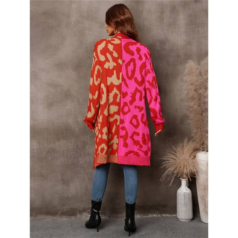Mirazshoes WholeSale - Wholesale Cardigan - Women's - Contrast Color Leopard Buttoned Midi Knitted Cardigan Outerwear3