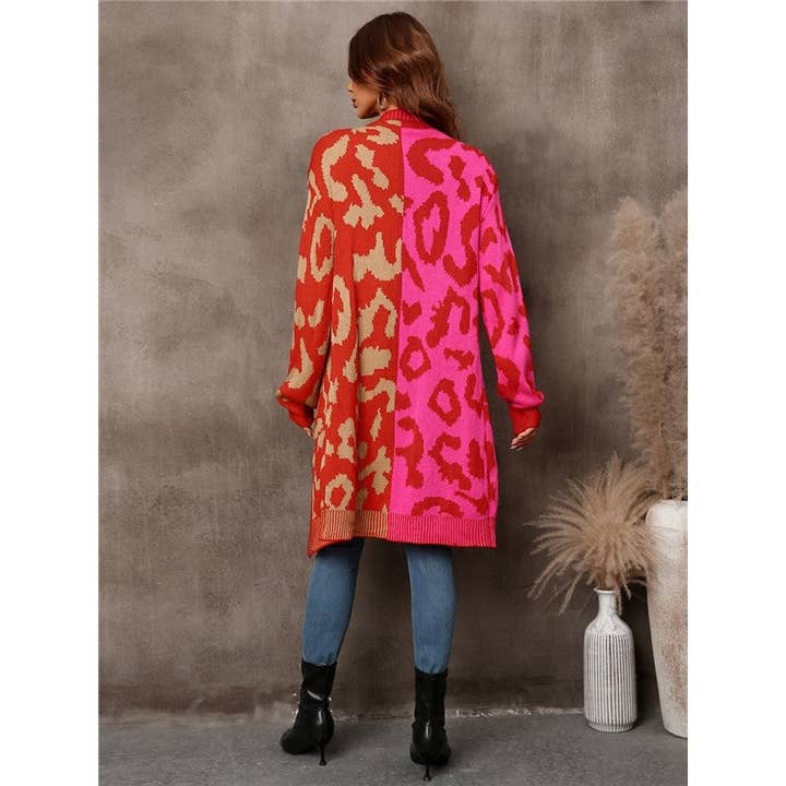 Mirazshoes WholeSale - Wholesale Cardigan - Women's - Contrast Color Leopard Buttoned Midi Knitted Cardigan Outerwear3
