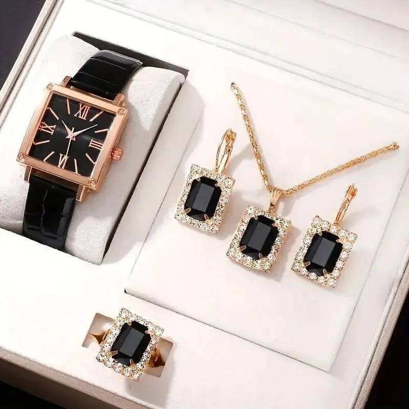WoodWristCo - Vente Parures de bijoux - Set de bijoux avec montre quartz femme 4 pièces4