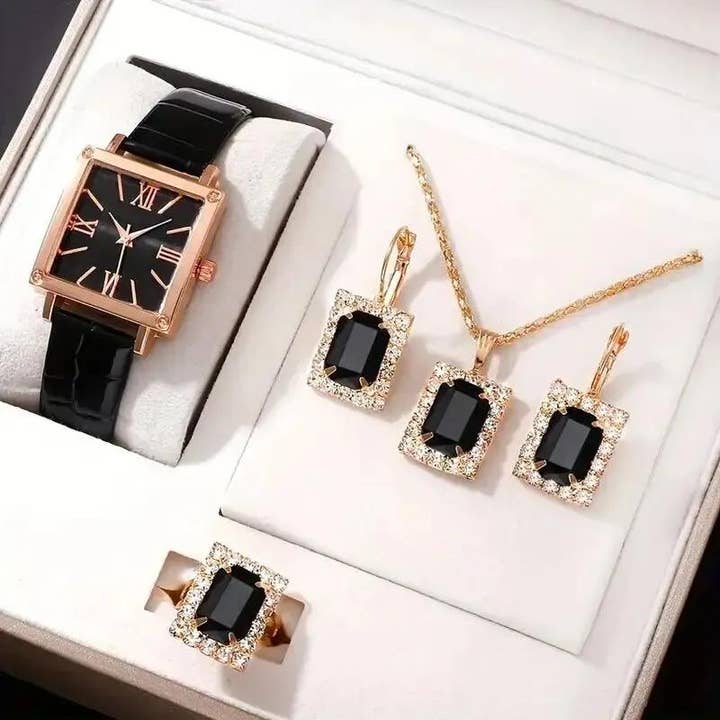 WoodWristCo - Vente Parures de bijoux - Set de bijoux avec montre quartz femme 4 pièces4