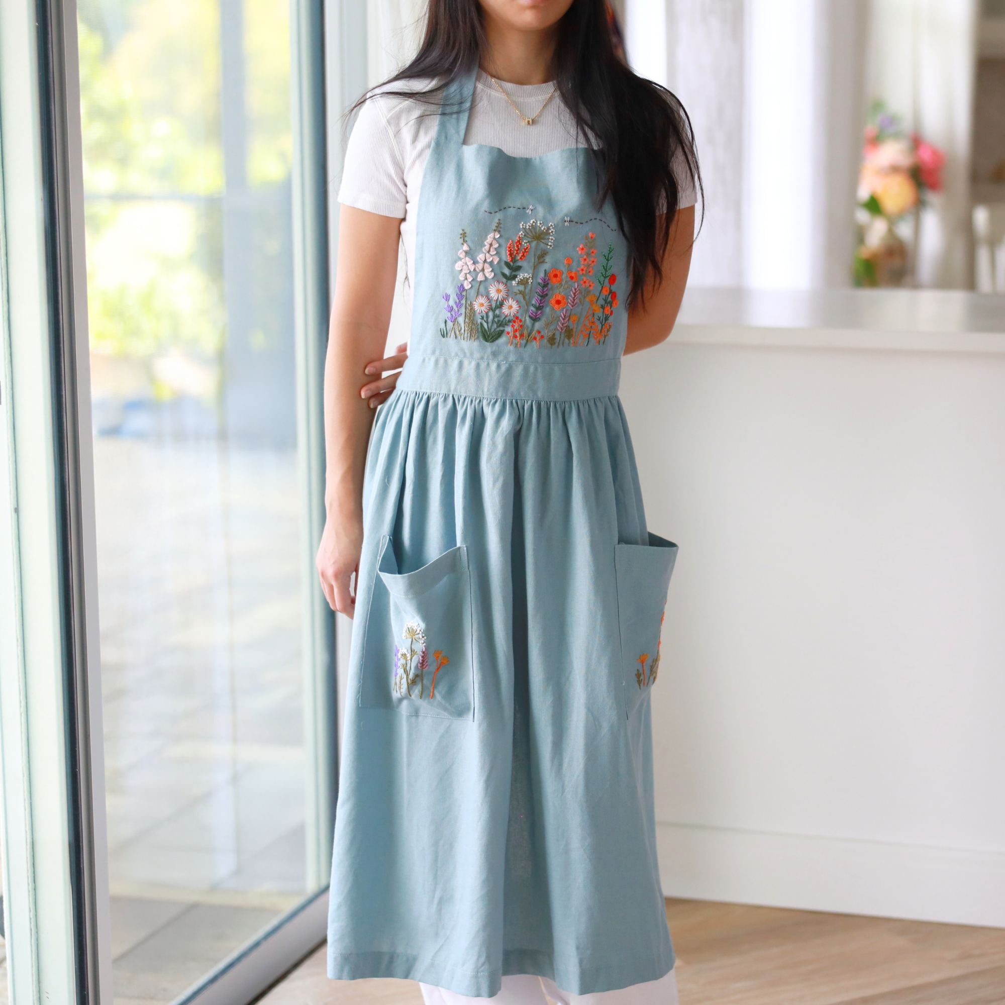 Finer Embroidery - Wholesale Apron - Hand Embroidered Blue Linen Apron6