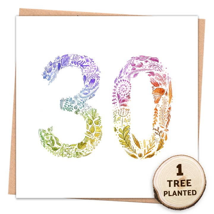 30th Birthday Card & Eco Friendly Seeded Gift. Rainbow 30 for wholesale by 1 Tree Cards