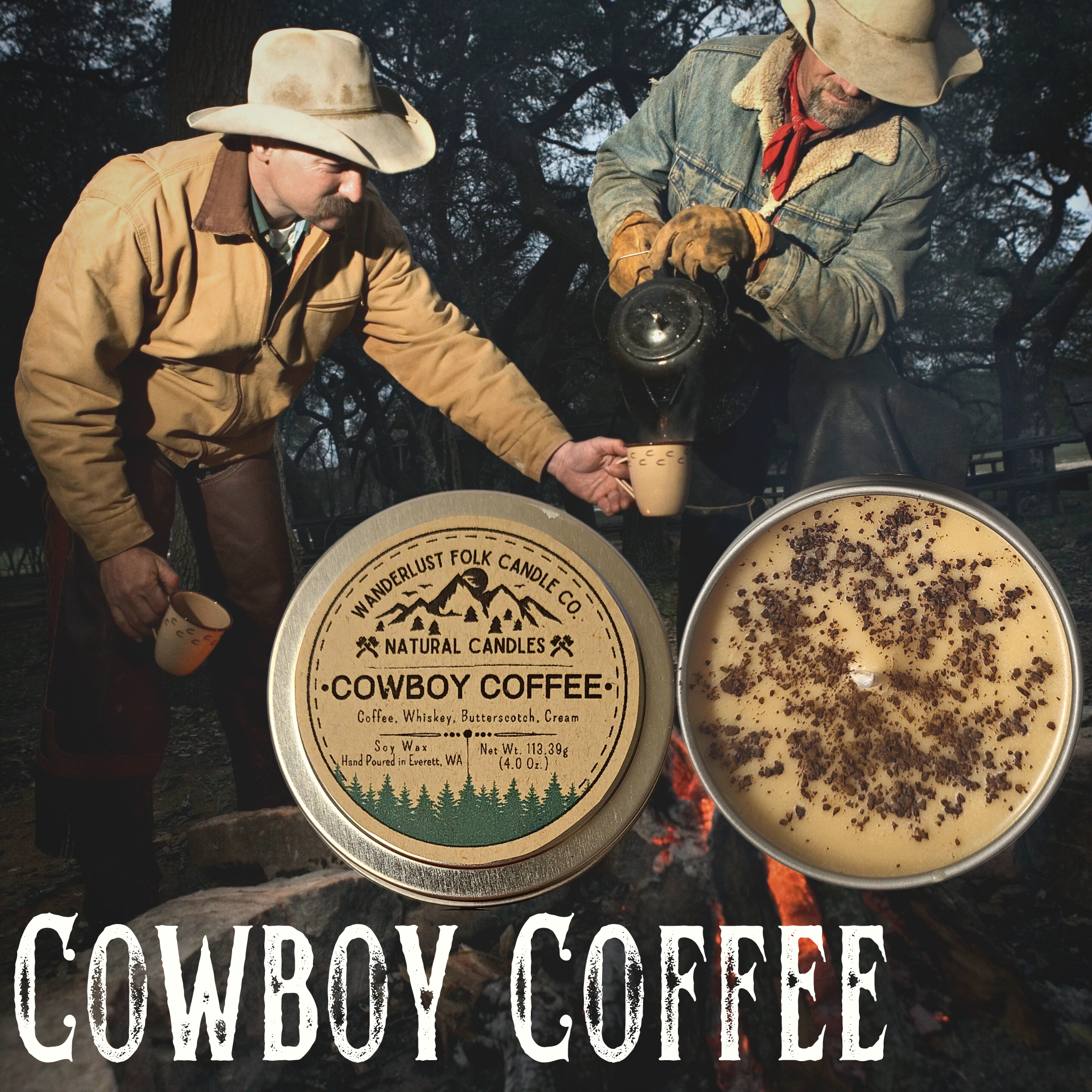 Wanderlust Folk - Vente Bougie en bocal - Bougie Cowboy Coffee en cire de soja 100 % fabriquée aux USA3