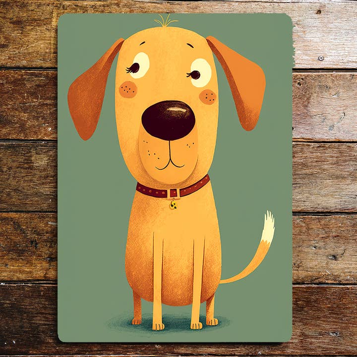 Cute Funny Cartoon Dog Yellow Art Print Metal Sign Plaque for wholesale by The British Metal Signs Company