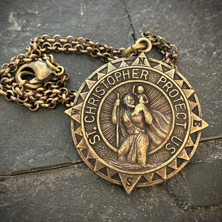 Men's Antiqued Brass Necklace St. Christopher Compass for wholesale by Johnny Ltd.