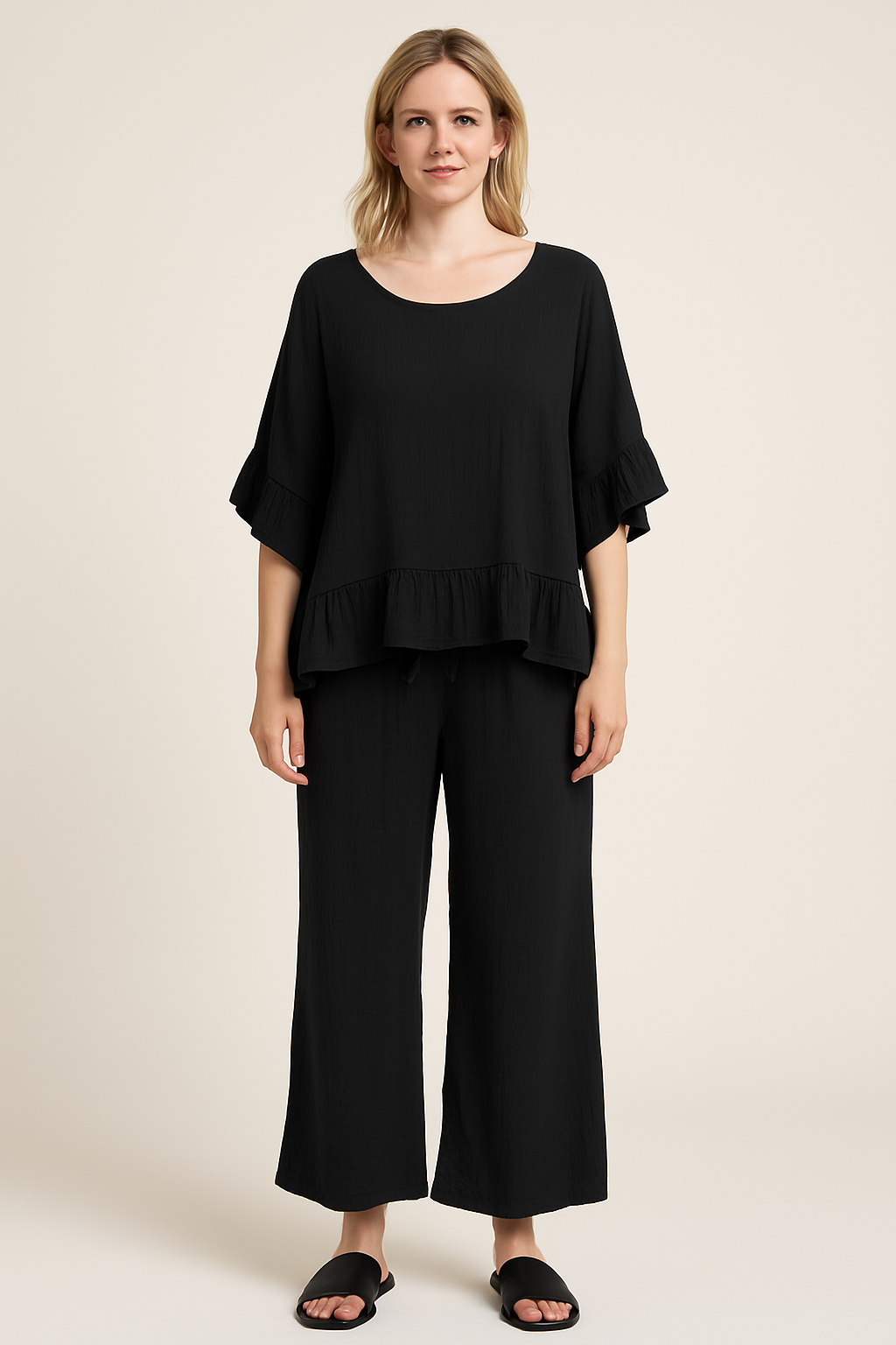 Lucy Sparks – Conjunto de top e calça (roupa NÃO Casual) - Mulher por atacado – CONJUNTO PLUS SIZE DE TOP E CALÇAS COM BAINHA FRANZIDA5