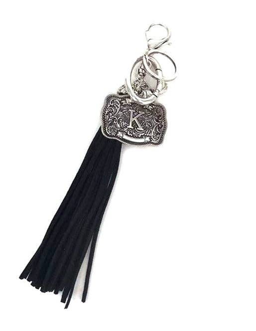 Snowing West - Wholesale Keychain - Unisex - Western Belt Buckle Initial Black Tassel Keychain10