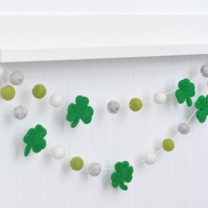 JuJuBee Goods – wholesale Bunting/garland – Shamrock Garland - White, Green, and Gray Wool Felt Balls1