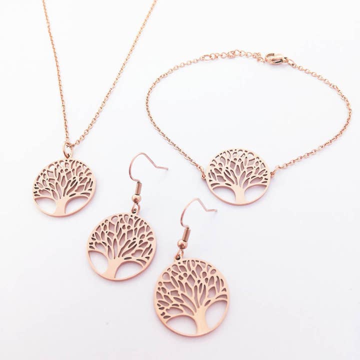 Tree of Life Rose Gold or Silver Earrings, Necklace and Bracelet Set, Irish Gift, Gift Ireland, Unique Irish Gift, Irish Gift for Her for wholesale by CastleKnock Designs