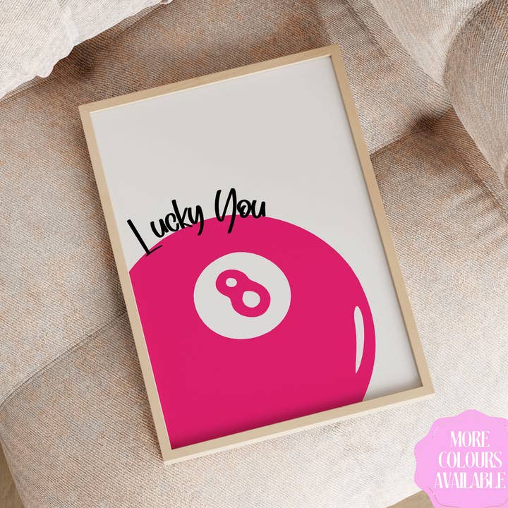 Lucky You 8 Ball Print Typography Poster Quote Wall Prints Home Decor Hot Pink for wholesale by House of Binky