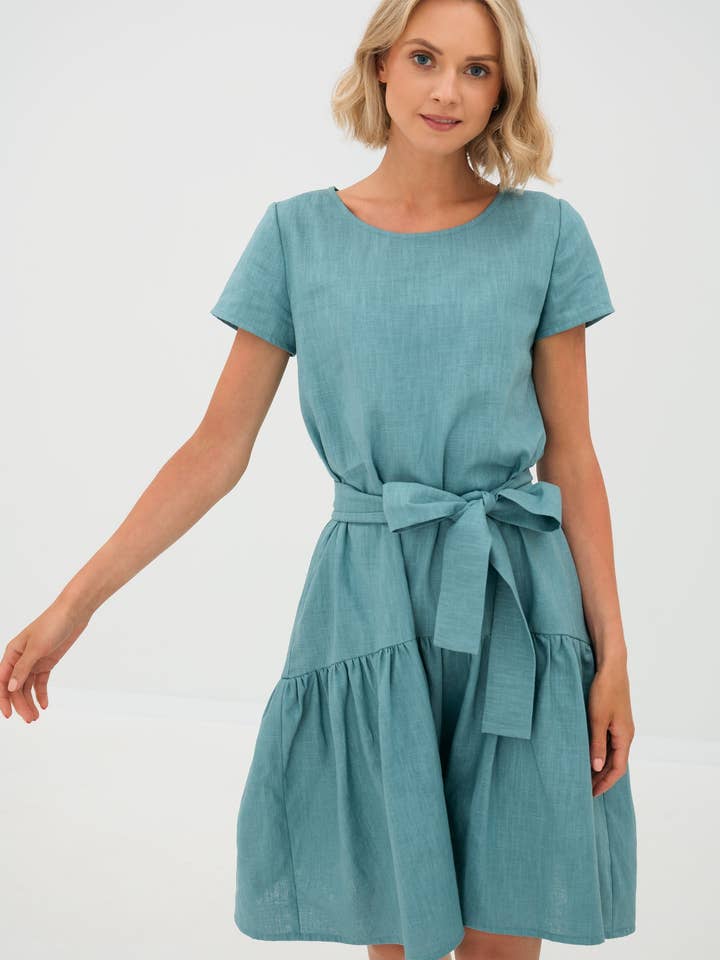 Vestido de linho verde com cinto e sem cinto/ Roupa de linho por atacado de LeMuse