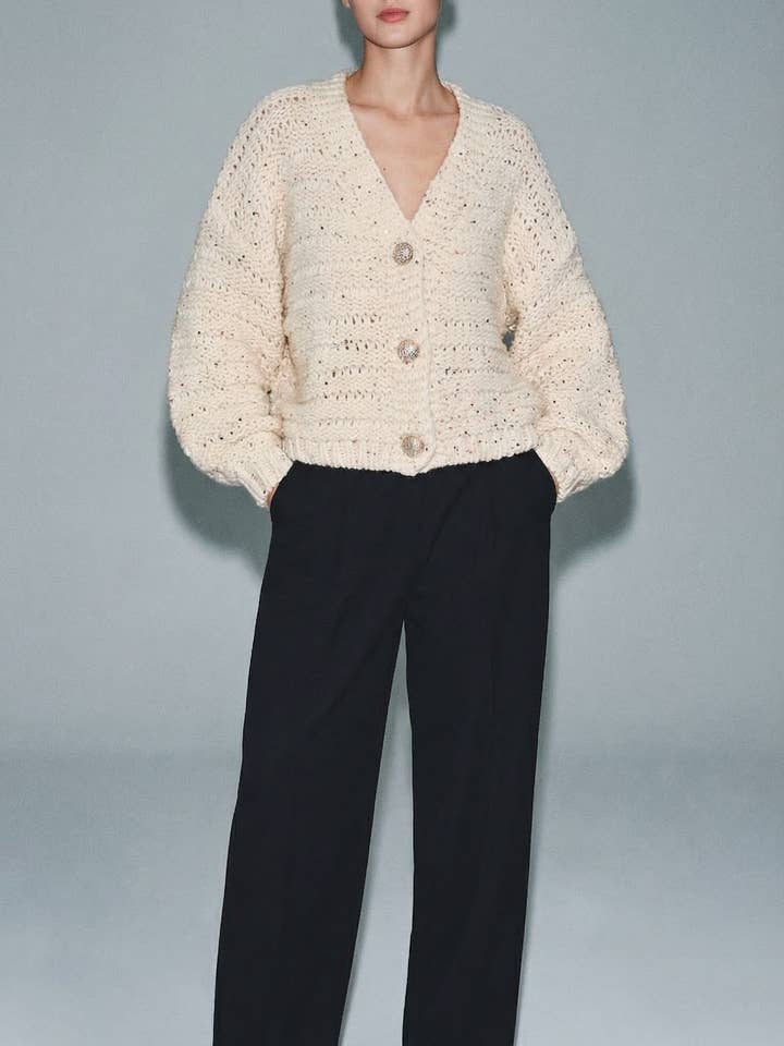 Cardigan tricot, grosse maille avec sequins pour la vente par KY CREATION PARIS