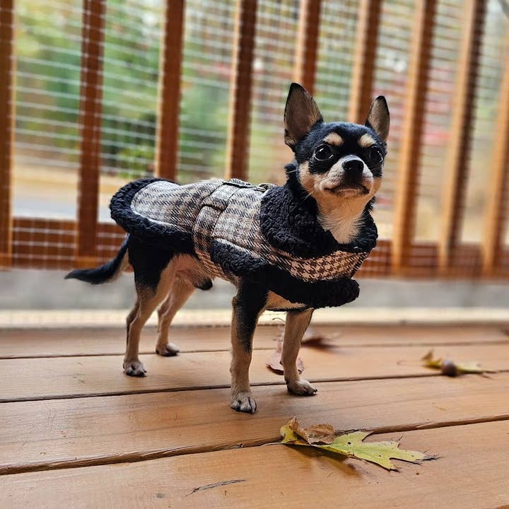 Doggie Design - Wholesale Pet Coat - Dog - Sherpa-Lined Dog Harness Coat - Brown & White Plaid3