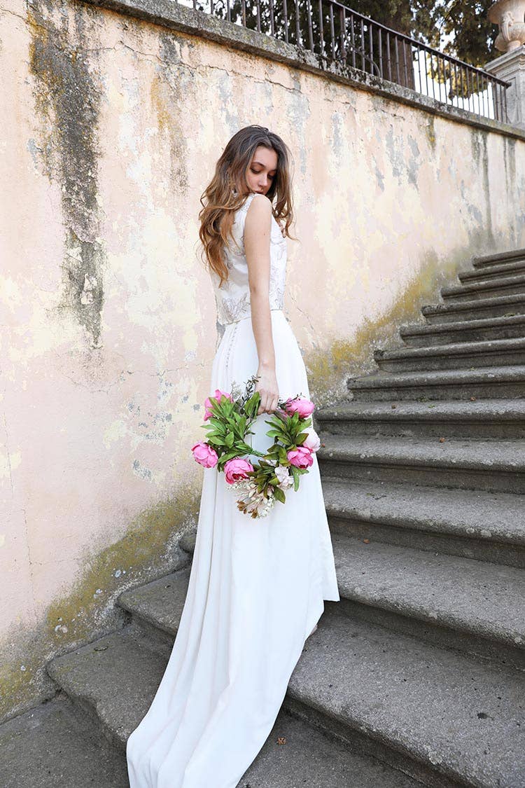 white pink lace Capucine Wedding Dress for wholesale on Faire