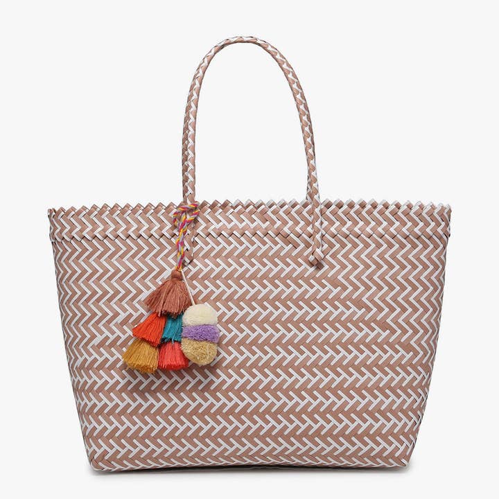 Jen & Co. - Wholesale Tote Bag - Women's - *SALE* M2068AW Shelby Large Handwoven Tote w/ Pom-Poms