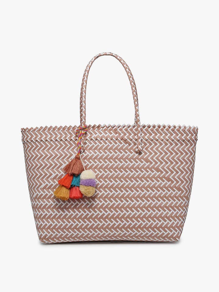 M2068AW Shelby Large Handwoven Tote w/ Pom-Poms for wholesale by Jen & Co.