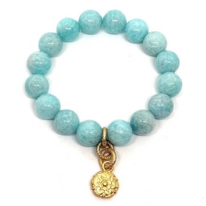 Deborah Grivas Designs - Wholesale Charm/Dangle Bracelet - Amazonite Stretch Bracelet With Matte Gold Flower Charm