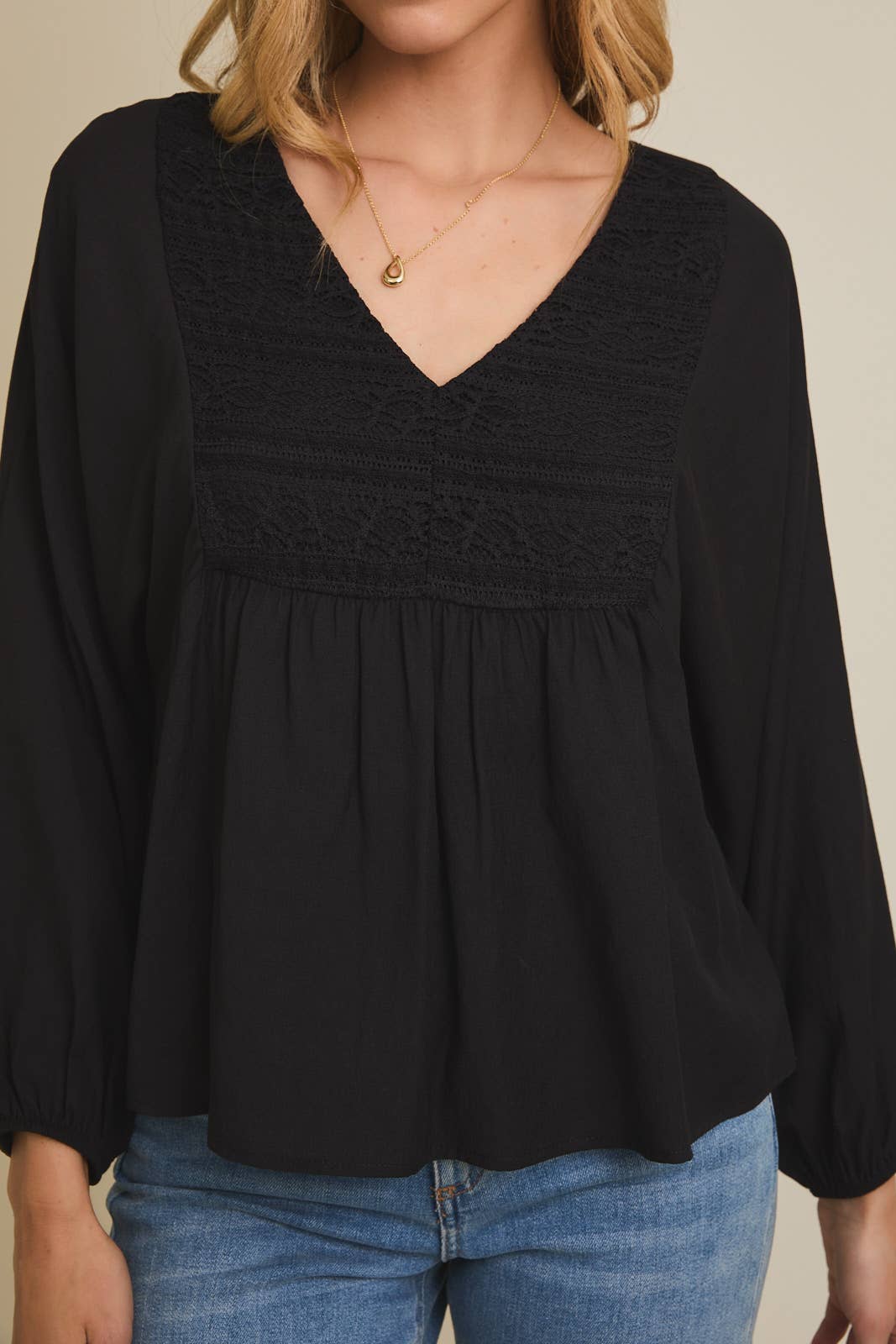 Black V-NECK LACE TRIM DETAIL BUTTON UP LONG SLEEVE FLARE HEM TOP for wholesale on Faire4