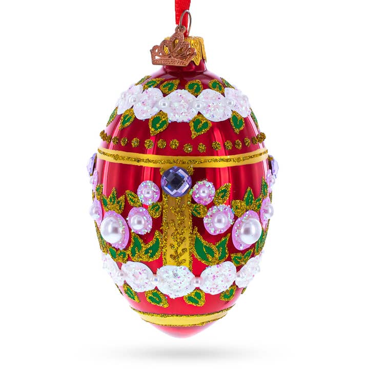 Pearl Flowers on Glossy Red Glass Egg Ornament for wholesale by BestPysanky