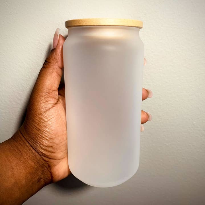 Personalized Frosted Glass Cup with Bamboo Lid & Straw for wholesale by BrideNavy