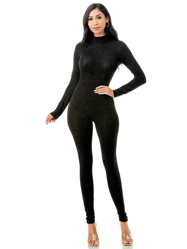 Namatt Design - Wholesale Jumpsuit - Women's - Plus Glitter Mock Neck Zipper Back Closure Catsuit