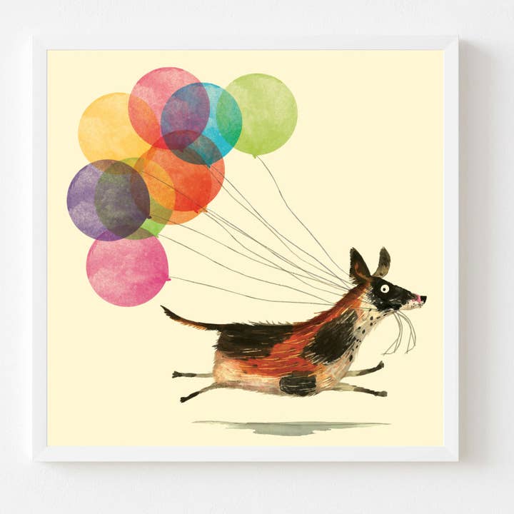 Stampa d'Arte Cane con Palloncini | Stampe d'Arte Animali | Cane Felice per la vendita all'ingrosso da parte di Charley Rabbit Cards