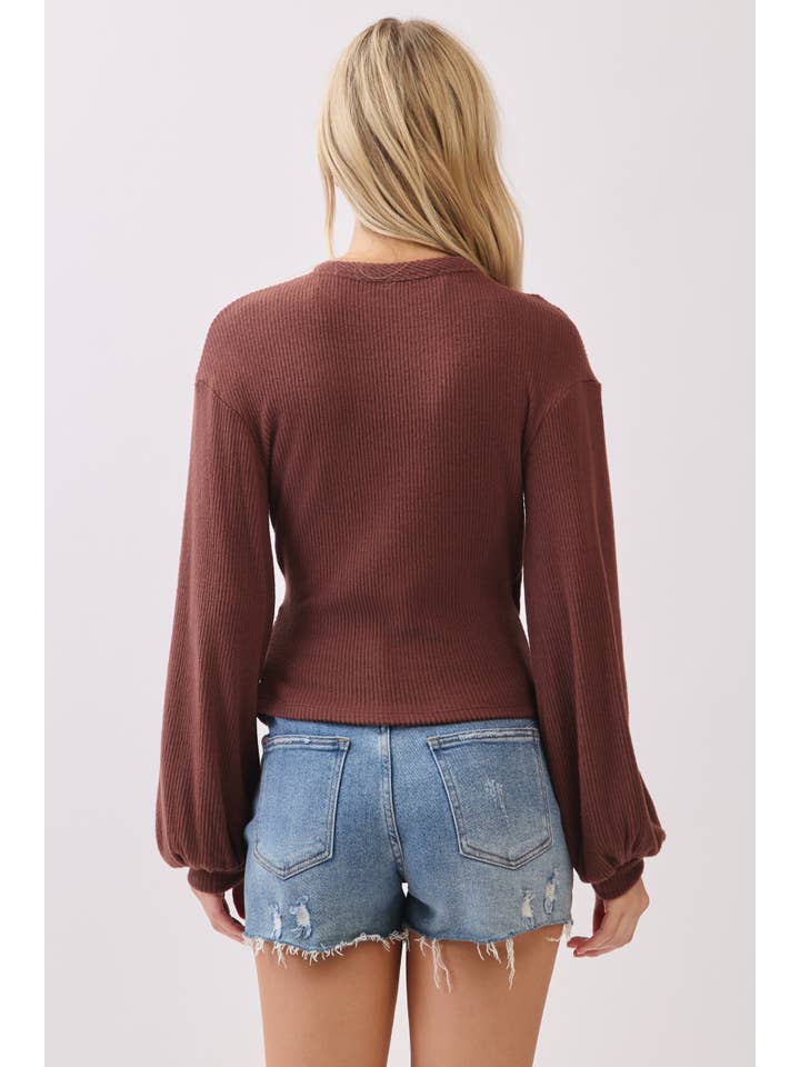 Final Touch – Engroshandel Strikket top - Dame – Børstet Ribbet Surplice Langærmet Top - NT315419