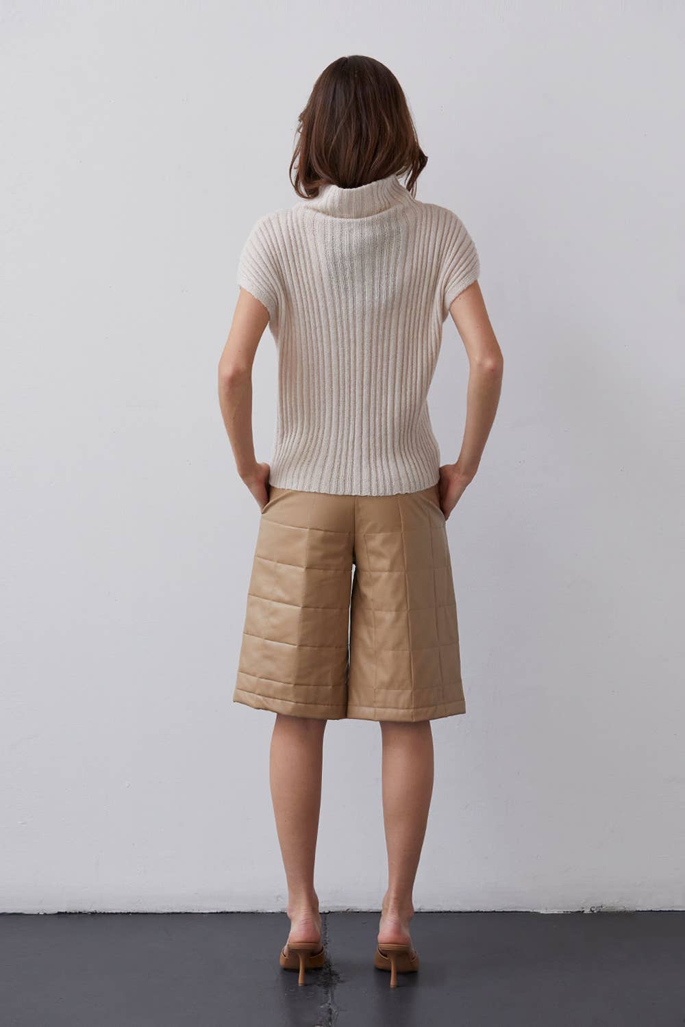 BEIGE CP8184 - Amanda Vegan Pu Leather Bermuda Quilted Shorts for wholesale on Faire3