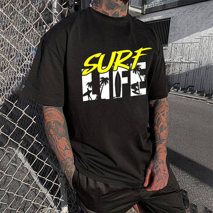 T-shirt da uomo con stampa di lettere di palma Surf Life per la vendita all'ingrosso da parte di novaxau