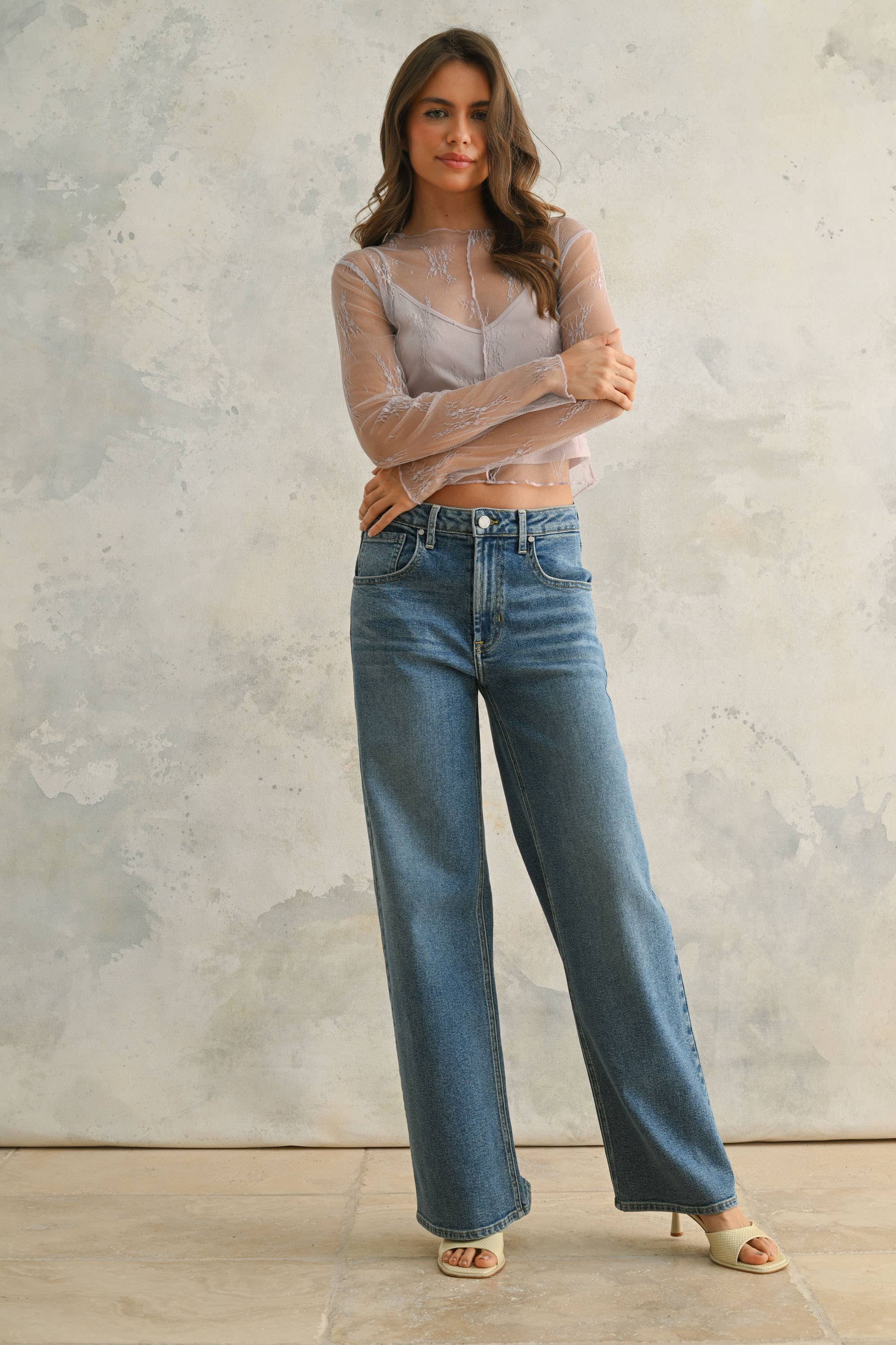 MIOU MUSE - Vente Haut en maille – femme - Haut en dentelle à manches longues avec doublure intégrée3