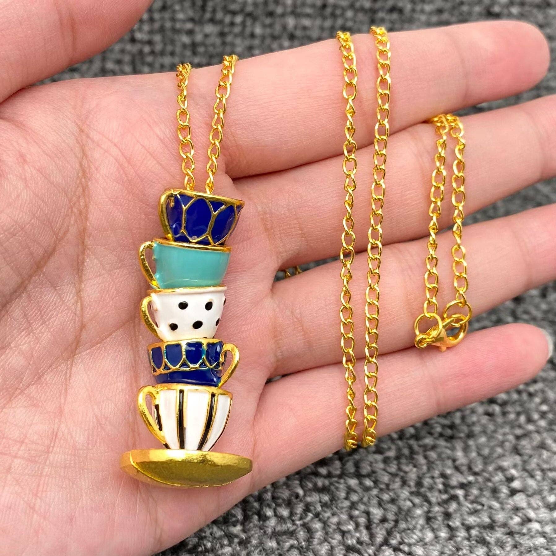 Mio Queena - Wholesale Pendant/Charm Necklace - Colorful Enamel 5 Teacups Linked Charm Necklace0