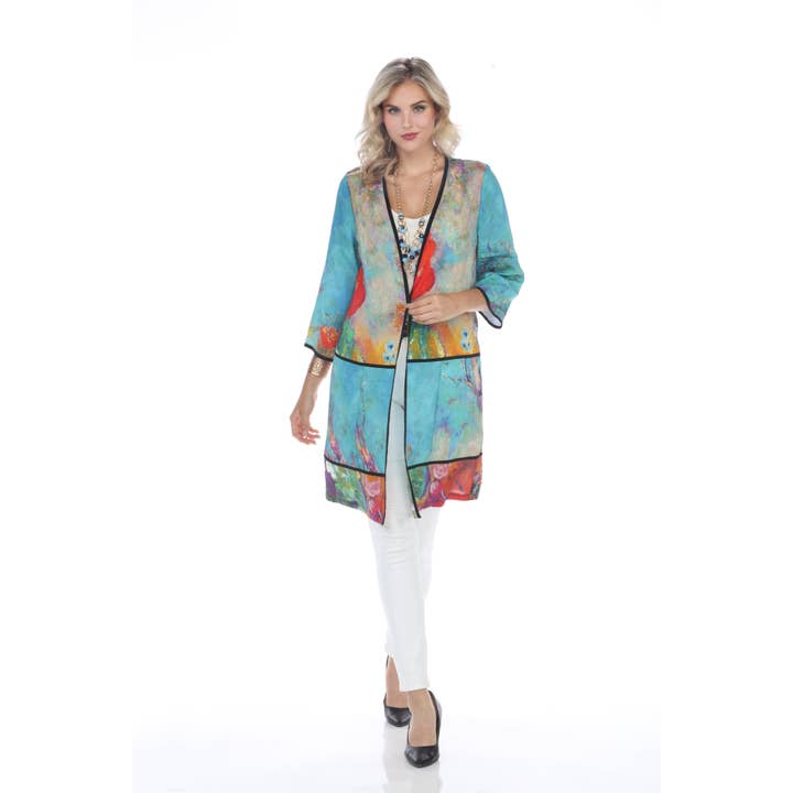 Art-Inspired Turquoise Long Jacket with Black Trim for wholesale by Aris A