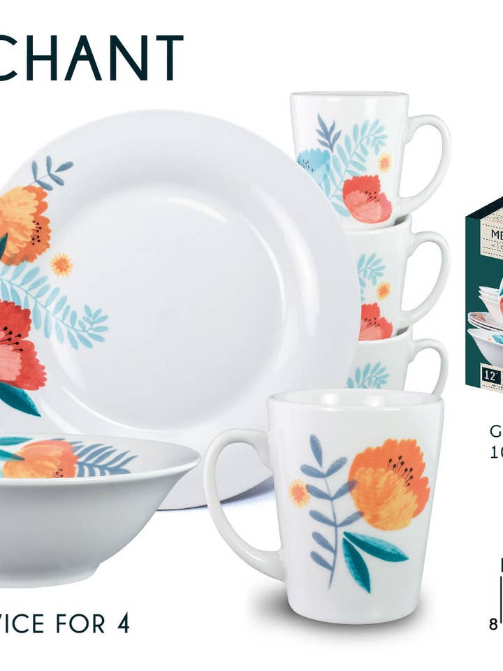 Round Ceramic Dinner set - 12 pc set - Blue Floral details for wholesale by Fine Life Products