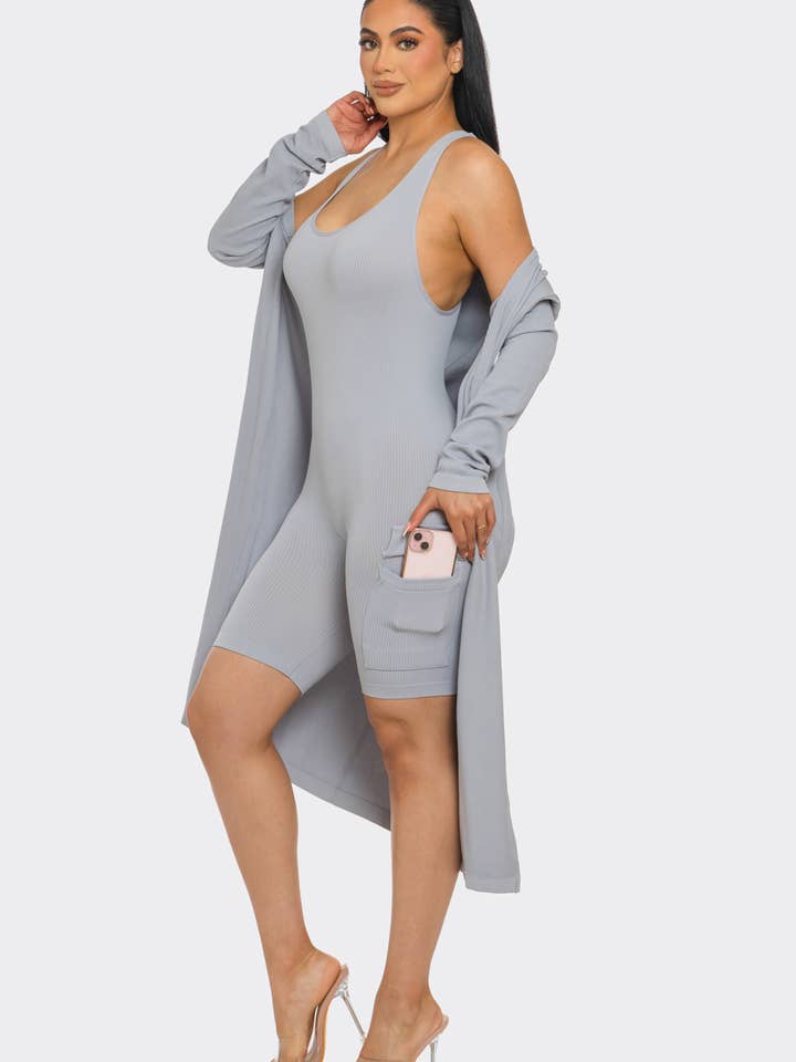 Ribbed Sleeveless Racerback Cargo Romper with Cardigan Set for wholesale by Lime All the Time