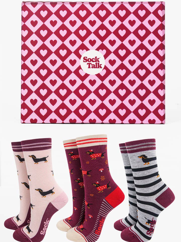 Damen-Bambus-Knöchelsocken-Geschenkset Trio Herbst Dackel für den Großhandel von Sock Talk