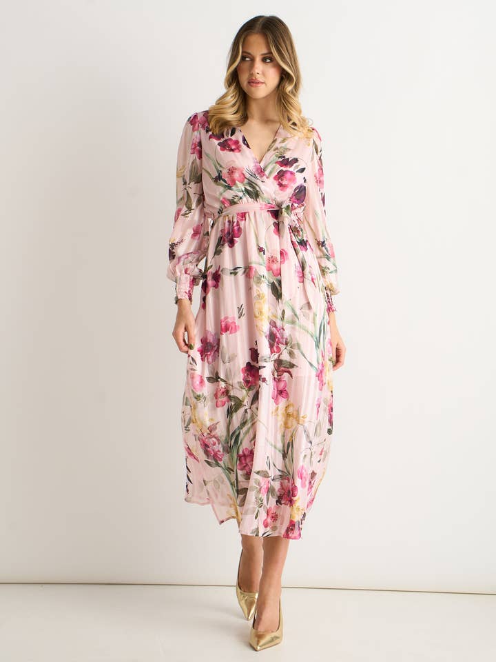 Pink Floral Print Sparkle Chiffon Wrap Midi Dress for wholesale by GINI LONDON
