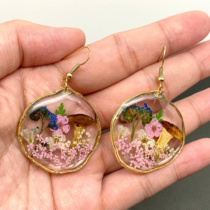 Pressed Dried Flowers & Mushroom Floral Dangle Earrings - PDF for wholesale by Mio Queena