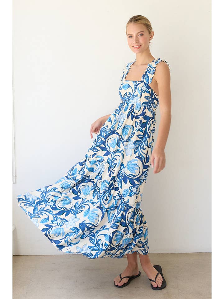BLUE FLOWER PRINTED MAXI DRESS WITH BACK SMOCKING - RD1154 for wholesale on Faire