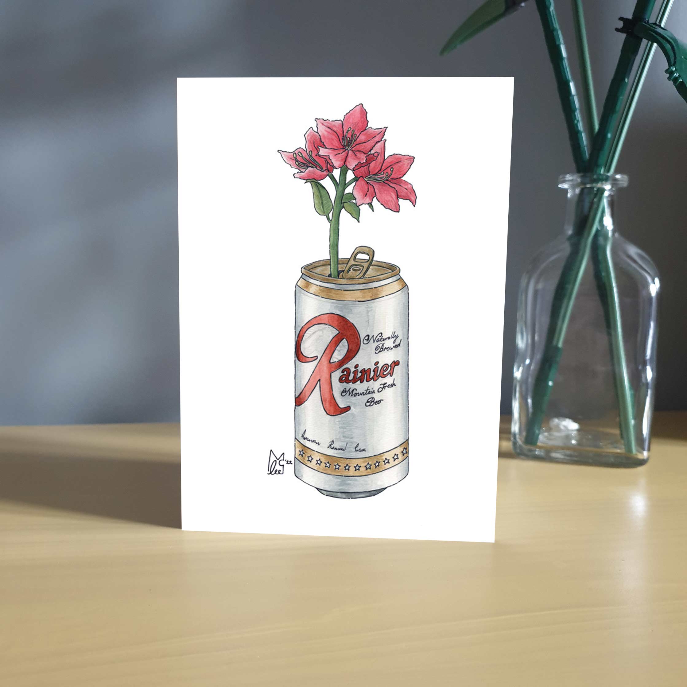 Lee McGuire Art - Wholesale Everyday Greeting Card - Washington Coast Rhododendron in Rainier beer Greeting card1