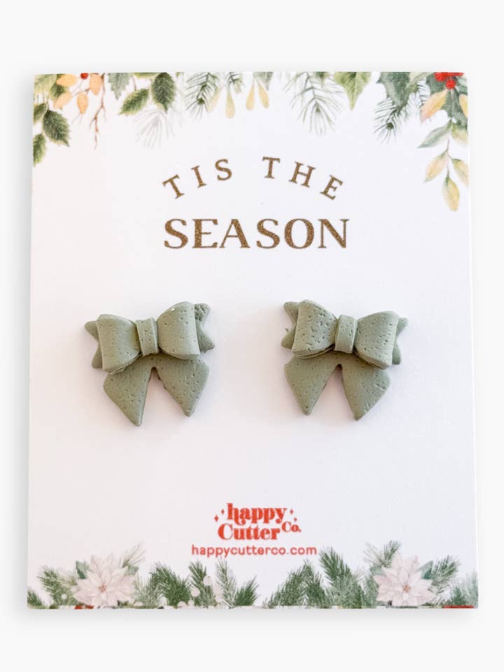 Christmas Studs - Light Sage Green Holiday Bow Stud Earrings for wholesale by Happy Cutter Co