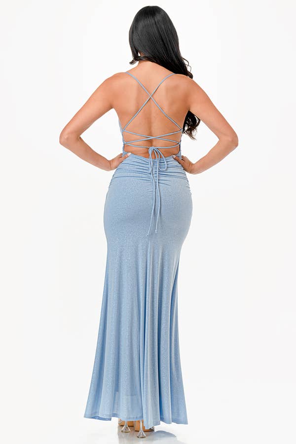 La Scala - Wholesale Dress - Women's - Glittered ITY Back lace up mermaid dress with waist shirring39