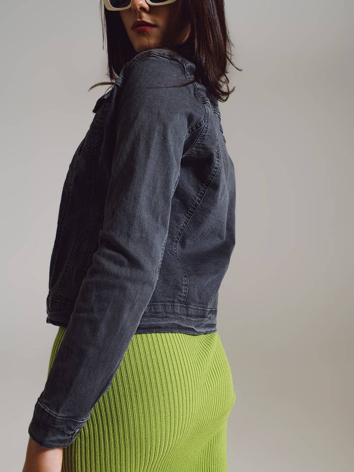 Tailored denim trucker jacket in stone grey for wholesale on Faire1