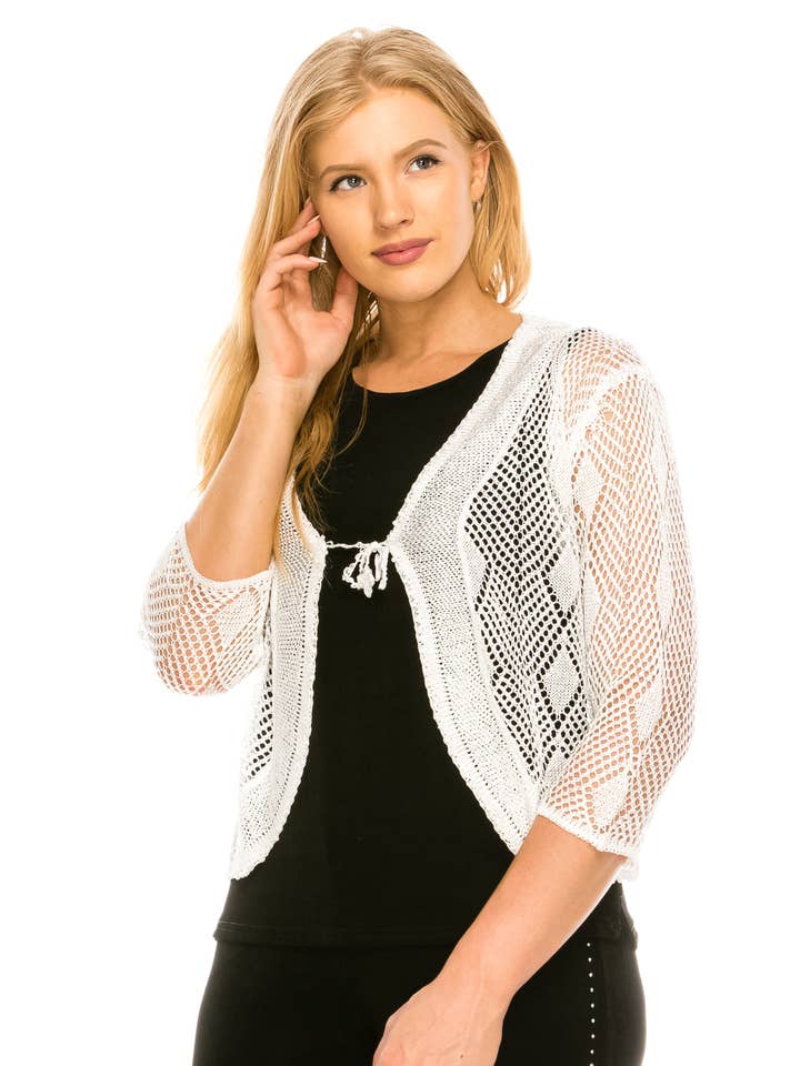 Jostar - Wholesale Cardigan - Women's - Crochet Tie Shrug with Beaded Embellishment