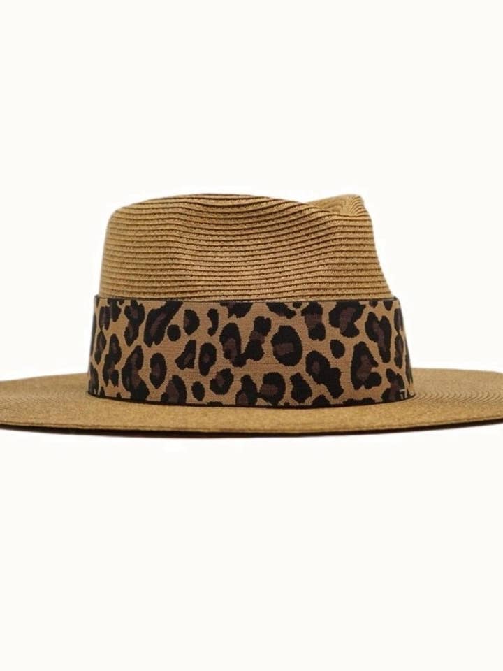 MYLA Structured Straw Rancher with Leopard Band, Adjustable for wholesale by Olive & Pique