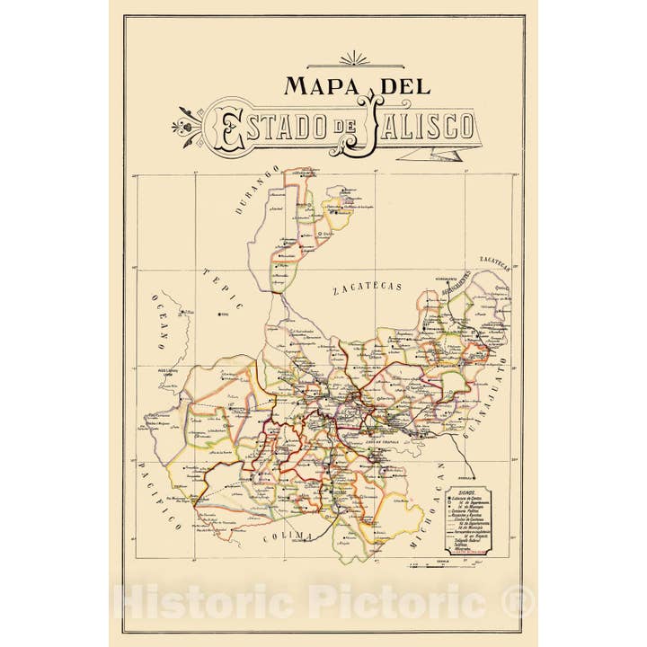 Reproduction de carte vintage antique de Jalisco, Mexique 1923 pour la vente par Historic Pictoric